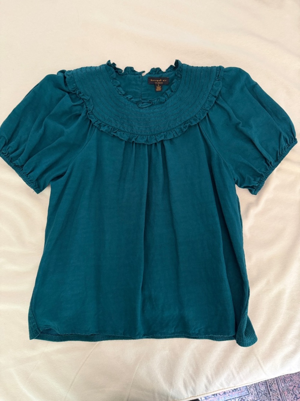 Anthropologie Teal Ruffle Yoke Puff Sleeve Blouse